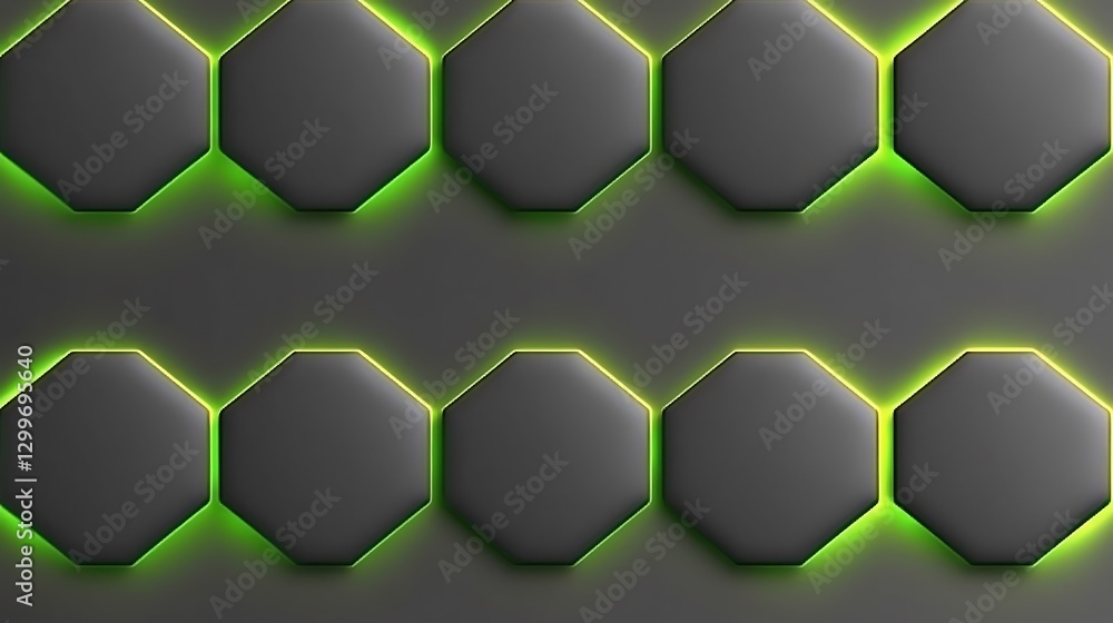 Poster geometric octagon pattern with green glowing edges on dark gray background modern design rendered
