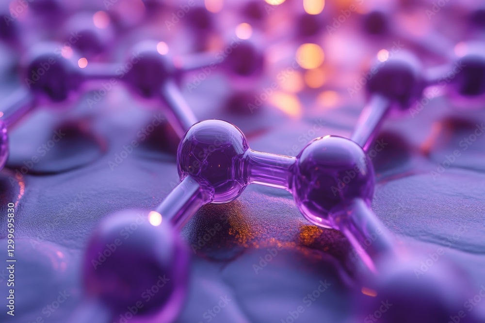 Poster close-up view of molecular structure showcasing interconnected spheres on a reflective surface in vi