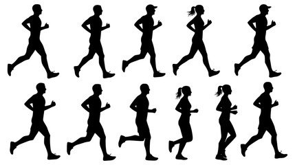 Running men and women, isolated vector silhouettes. Run, side view. Silhouettes of athletic looking male and female runners running. JPEG version.