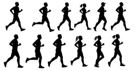 Fototapeta premium Running men and women, isolated vector silhouettes. Run, side view. Silhouettes of athletic looking male and female runners running. JPEG version.