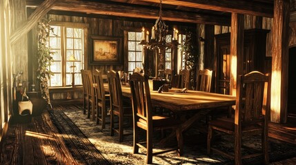 Fototapeta premium Sunlit rustic dining room with wooden table and chairs.