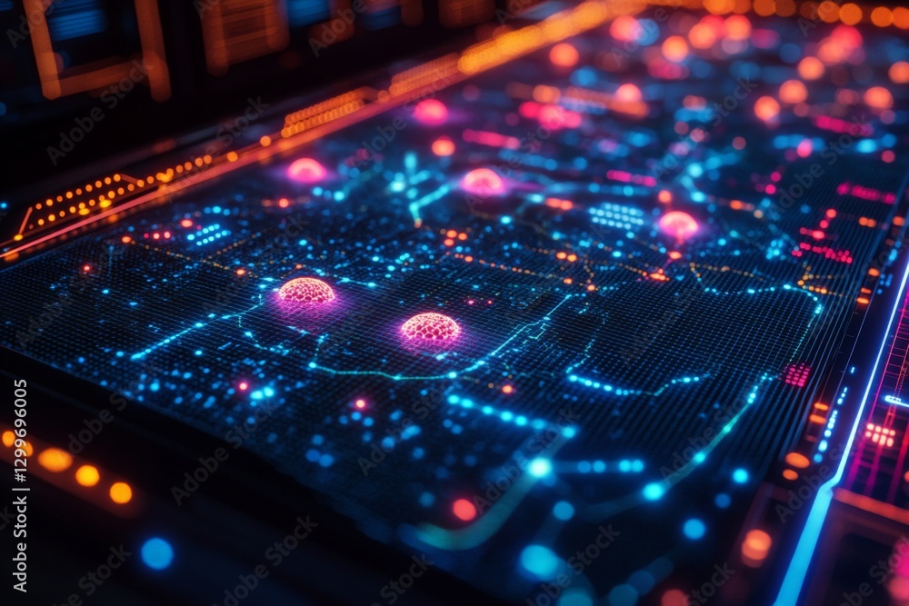 Poster vibrant abstract digital network visualization showcasing interconnected data points and nodes