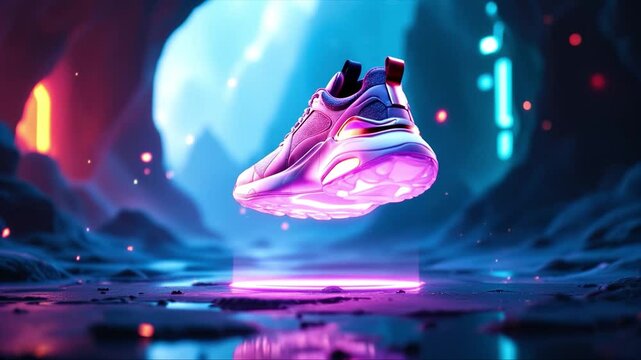 Step into the future of footwear design with this neon-infused sneaker showcase! A high-tech sneaker floats in a sci-fi-inspired environment, glowing with vibrant neon lights and futuristic aesthetics