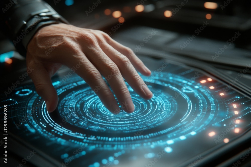 Poster hand interacts with a futuristic interface displaying digital data in a high-tech environment