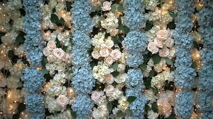 An Elegant Floral Arrangement Displays Hydrangeas Roses And Lights