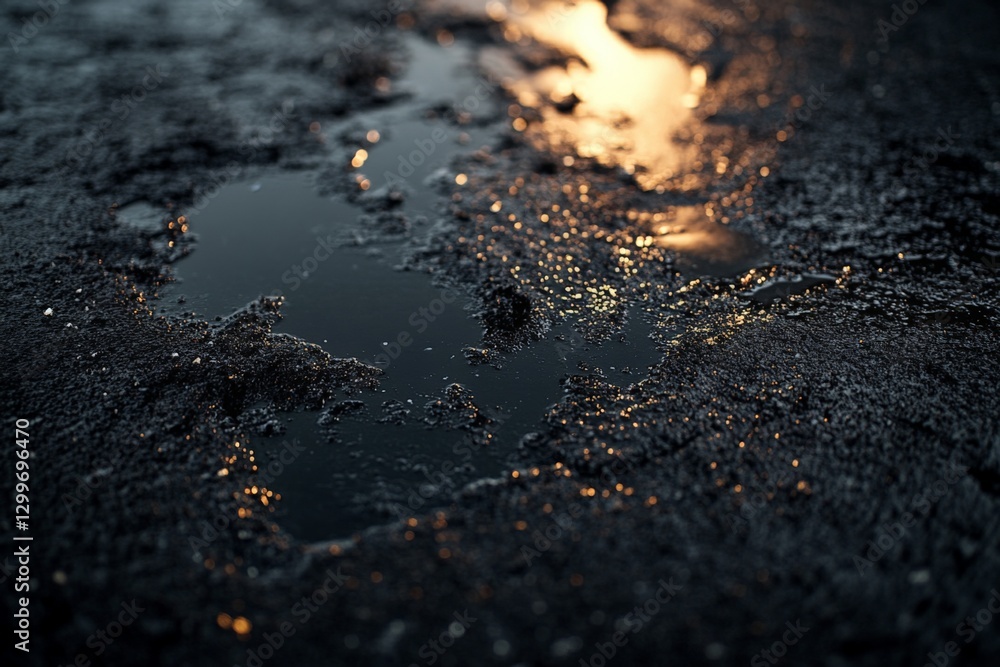 Poster reflection on wet pavement after rain creates a mesmerizing blend of light and texture in an urban s