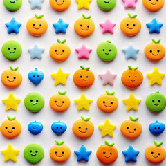 Colorful happy fruit and star pattern on white background.