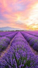 Breathtaking Lavender Fields at Sunrise Under Colorful Sky