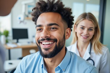 Fototapeta premium Smiling African American Male Patient Engaging with Female Doctor in Modern Clinic During a Routine Check-up: A Scene of Health and Wellness