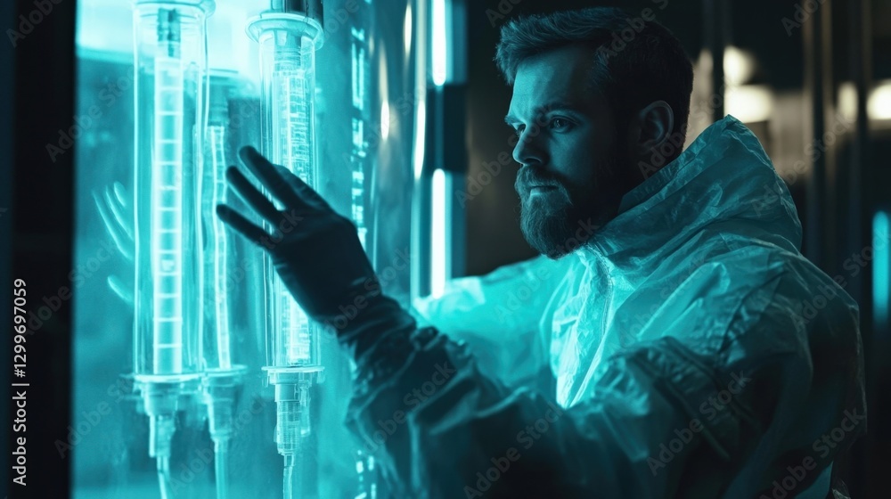Poster scientist in a protective suit and gloves analyzing glowing liquid in glass tubes while interacting 