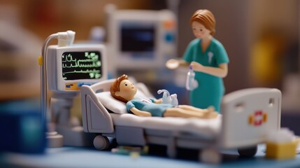 Medical Doll Scene with Nurse and Patient in Hospital Room Setting