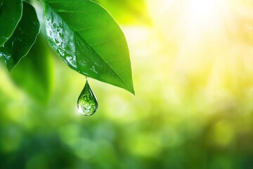 Dewdrop hanging from a green leaf in sunlight.