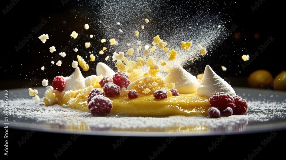 Poster delicious lemon curd dessert with fresh raspberries and meringue peaks is exploding with sweet crumb
