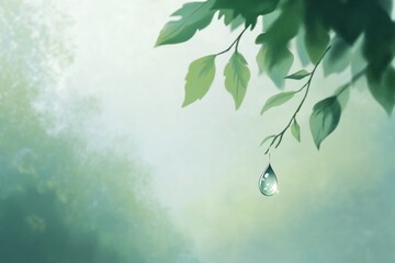 Dewdrop hanging from a leaf branch in misty forest.
