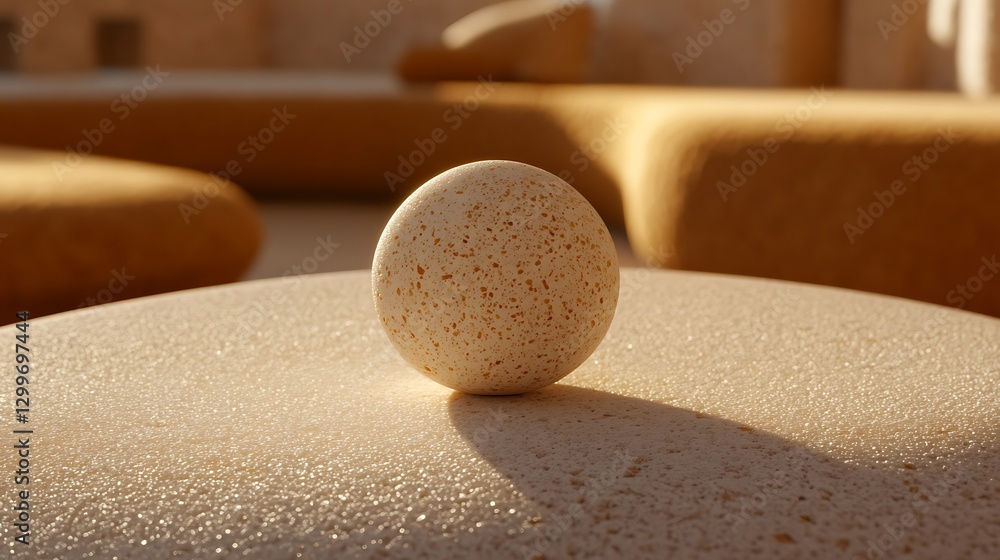 Poster speckled orb resting on textured surface amidst soft tones a study in texture light and form