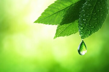 Dewdrop on vibrant green leaves, blurred background.
