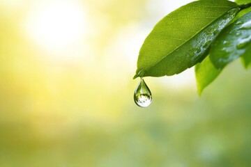 Dewdrop hanging from vibrant green leaf.