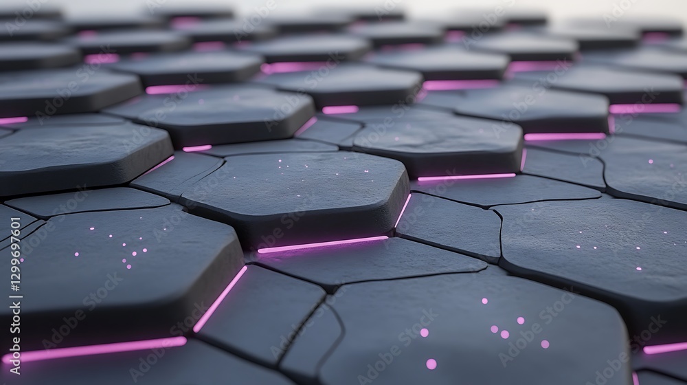 Poster textured hexagon pattern with purple glowing edges abstract design presentation backdrop and decorat