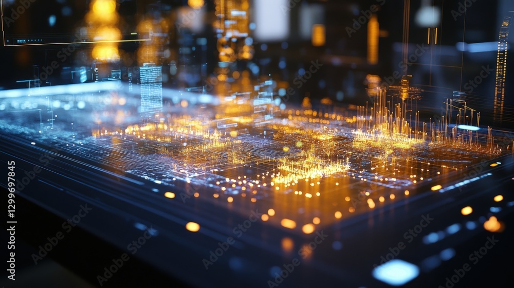 Poster flowing data streams across an interactive holographic display visualize interconnected systems of f