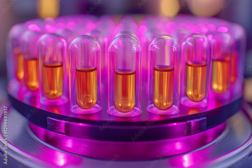 Poster colorful capsules filled with liquid on a specialized rotating platform in a laboratory setting duri