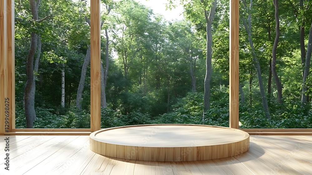 Aufkleber wooden product display platform stage with a forest view backdrop in modern architecture interior