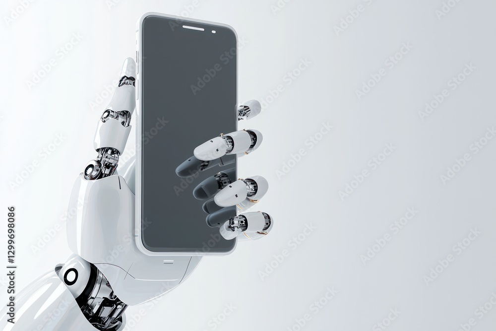 Poster robot hand holds phone mockup representing futuristic interaction technology on clean background