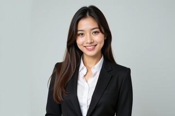 Professional Portrait of a Young Asian Woman in a Formal Business Suit with a Friendly Smile Against a Light Gray Background