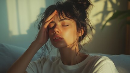 Obraz premium Young woman experiencing stress in sunlight room with plants