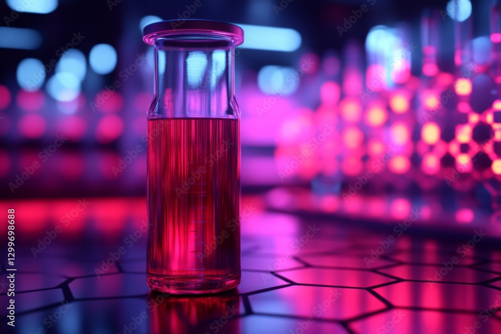 Poster vivid laboratory experiment with colorful liquids in a futuristic setting during nighttime hours