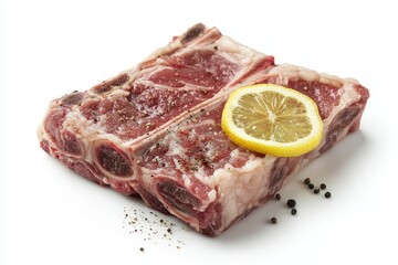 Cut of Fresh T Bone Steak with Lemon Slice Black Pepper on Clean White Backdrop Food Photography Angle