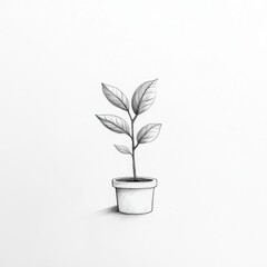 Simple Hand-Drawn Plant Illustration in a Pot with Leaves