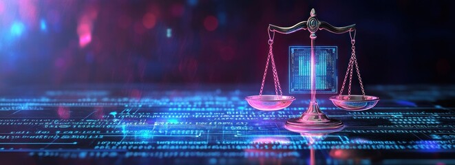 Digital justice scales on a futuristic background.