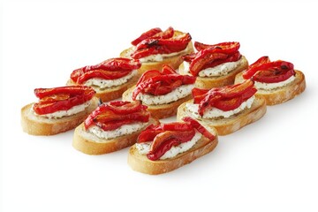 Appetizing Crostini with Roasted Red Pepper and Cream Cheese on White Background Italian Cuisine Presentation