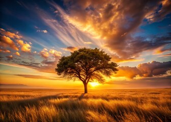 Obraz premium Solitary Tree Sunset Golden Field Landscape - Serene Nature Photography