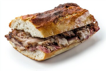 Mouthwatering roasted meat sandwich with crusty bread on white background gourmet delight detail delicious