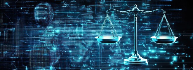 Digital Justice Scales of Justice over abstract data.