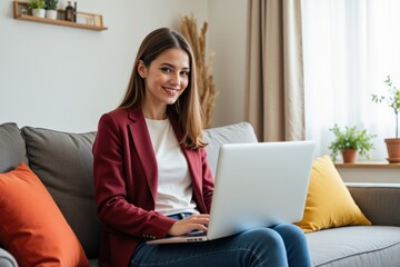 Smiling Young Caucasian Woman Working on Laptop from Cozy Living Room, Dressed in Stylish Blazer, Engaged in Remote Work with Home Plants and Soft Lighting