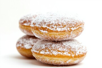 Delectable donut stack with sugar dusting against pure white backdrop capturing food photography sweetness and delicacy
