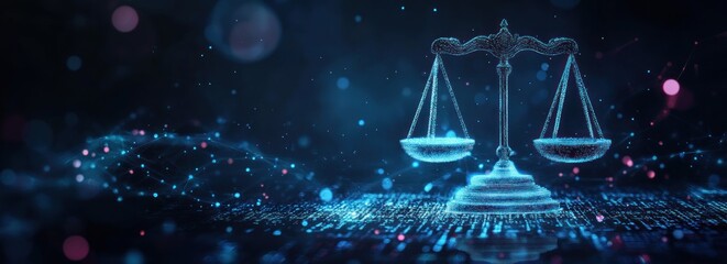 Digital scales of justice glowing on dark tech background.