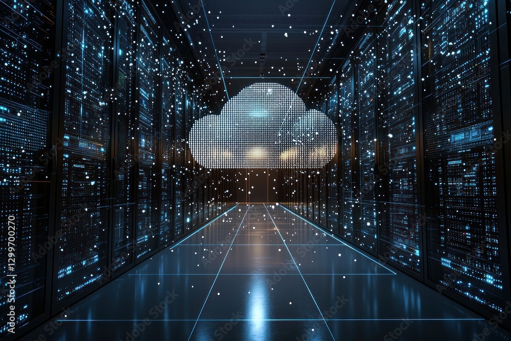 Poster cloud computing data center architecture representing network servers and cyber technology environme
