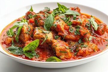 Fototapeta premium Hearty chicken cacciatore in rustic tomato sauce with basil and fresh herbs on a white background Italian cuisine close up