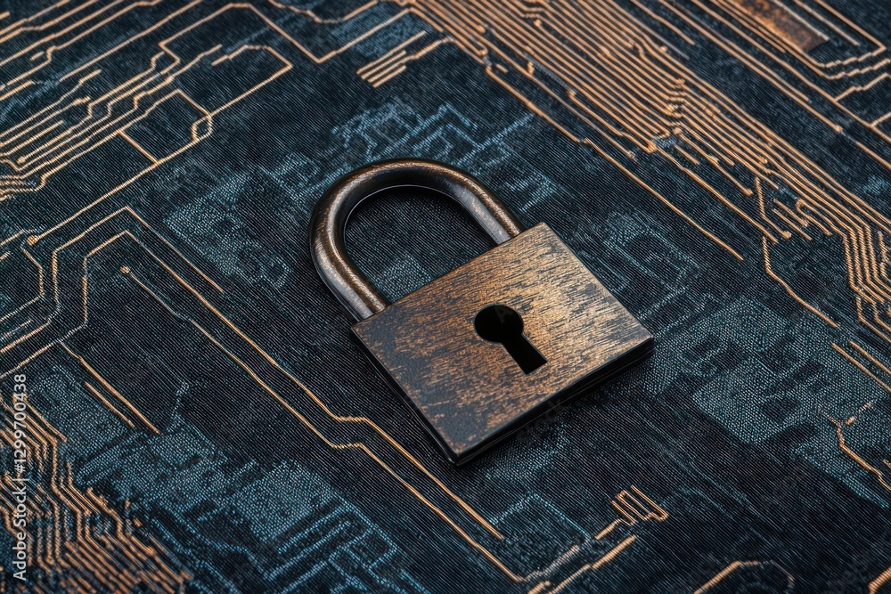 Poster padlock on circuit board background signifies digital security cyber safety and data protection solu