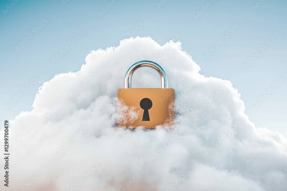 Poster cloud security lock against sky representing data protection and digital privacy with safe network