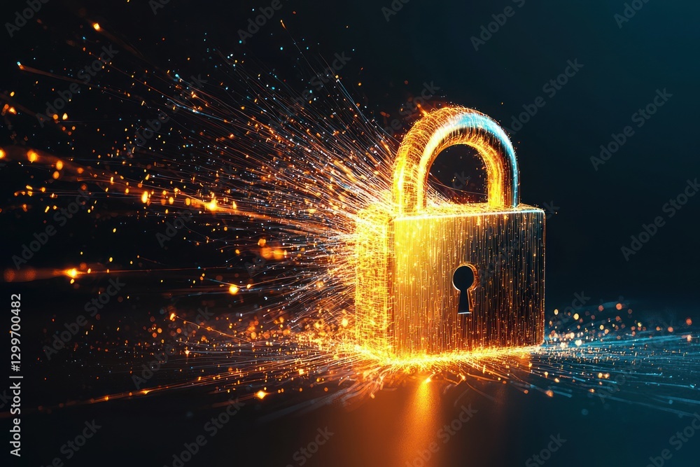 Poster secure digital lock with dynamic light streaks emanating security technology background concept