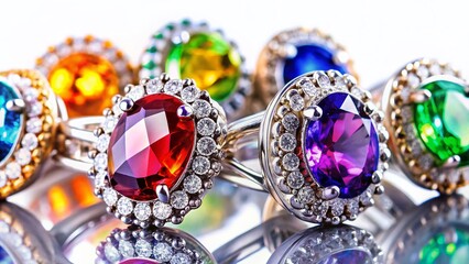 Sparkling Gemstone Rings: Night Photography on White Background