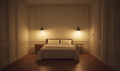 Dimly lit bedroom with bed, nightstands, and pendant lights.