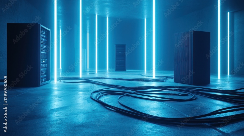 Poster modern server room bathed in vibrant blue light with connecting cables creating a data infrastructur