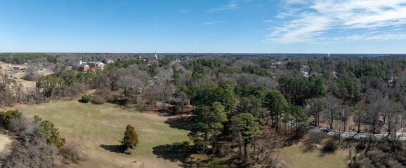 Winter golf course aerial panorama.