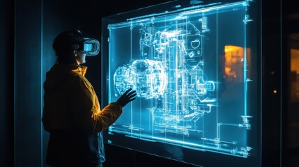 The booth features a large transparent screen projecting a hologram of a complex product assembly with interactive elements allowing visitors to manipulate virtual components through