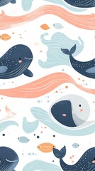 Minimalist pastel fox illustration background Playful whales swimming in a colorful ocean.